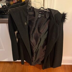 Gibson Black Trench Coat with Faux Fur Accent